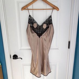 1970s 1980s brown silk slip dress with black lace trim and floral embroidery